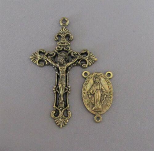 2 Pc Set Rosary Center & Crucifix Filigree Rosary Italy Centerpiece L115 Bronze