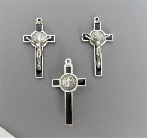 3 Pc Silver & Black St. Saint Benedict Crucifix 1.5" Italy Rosary Part C117